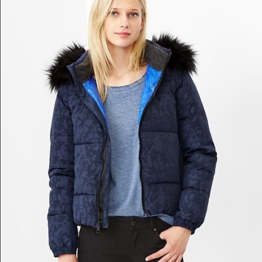 Gap Puffer Jacket Blue Camo Fur Hood Jacket